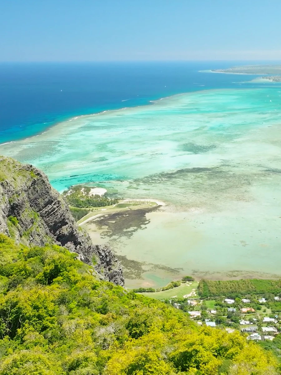 Aerial view of Mauritius lagoon and coastline near to Le Morne